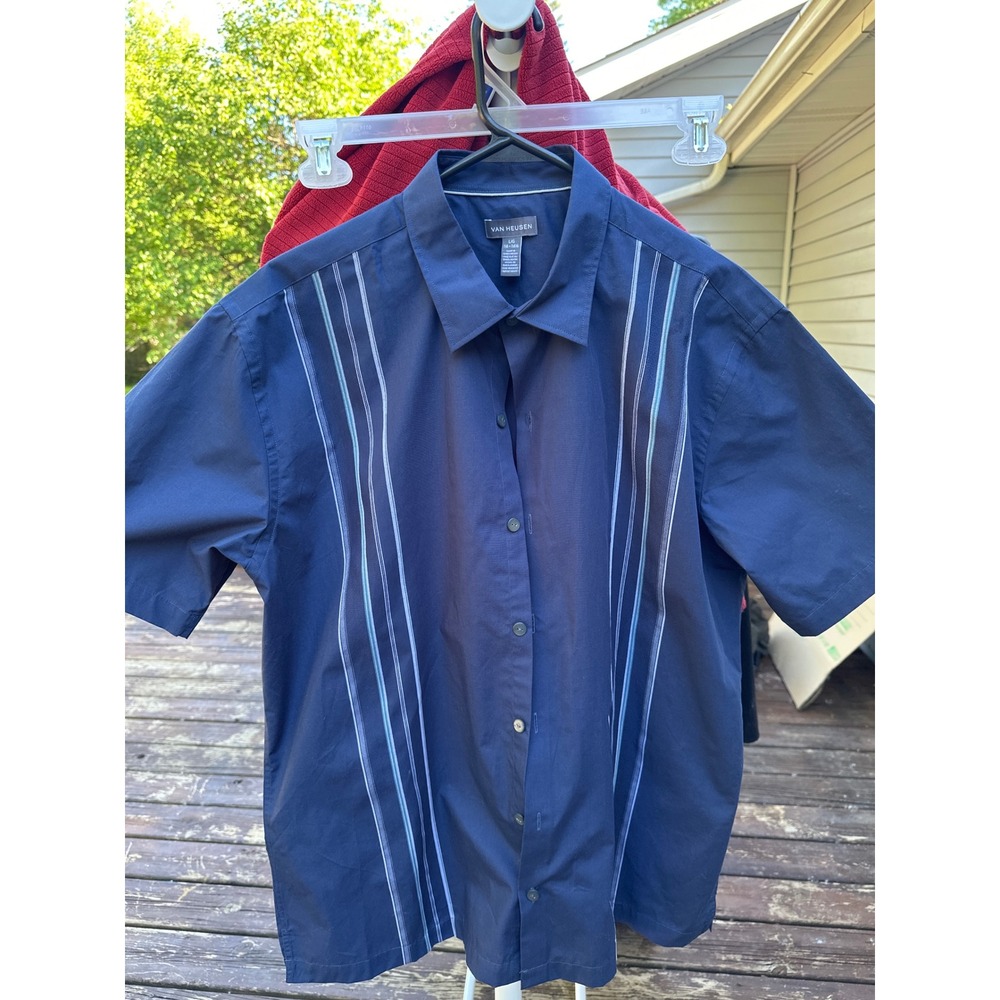 Van Heusen Mens Navy Blue Short Sleeve Button Down Striped Shirt Large 5021114